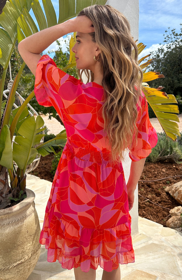 Ruffle-Laagjes-Jurk-Print-Oranje-Roze-3