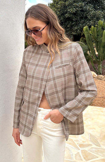 Karierter Blazer, offen, taupe