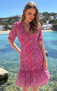 Smocked-V-hals-Jurk-Print-Roze-1