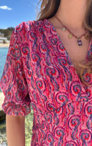 Smocked-V-hals-Jurk-Print-Roze-3