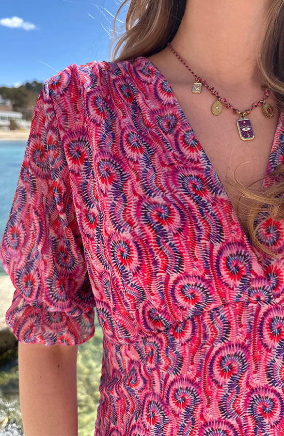 Smocked-V-hals-Jurk-Print-Roze-3