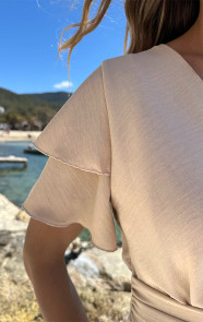 Smocked-Waistband-Dress-Short-Sleeve-Beige-1