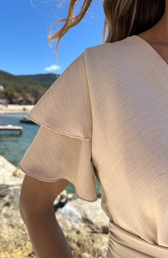 Smocked-Waistband-Dress-Short-Sleeve-Beige-1