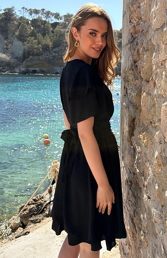 Smocked-Waistband-Dress-Short-Sleeve-Zwart-2