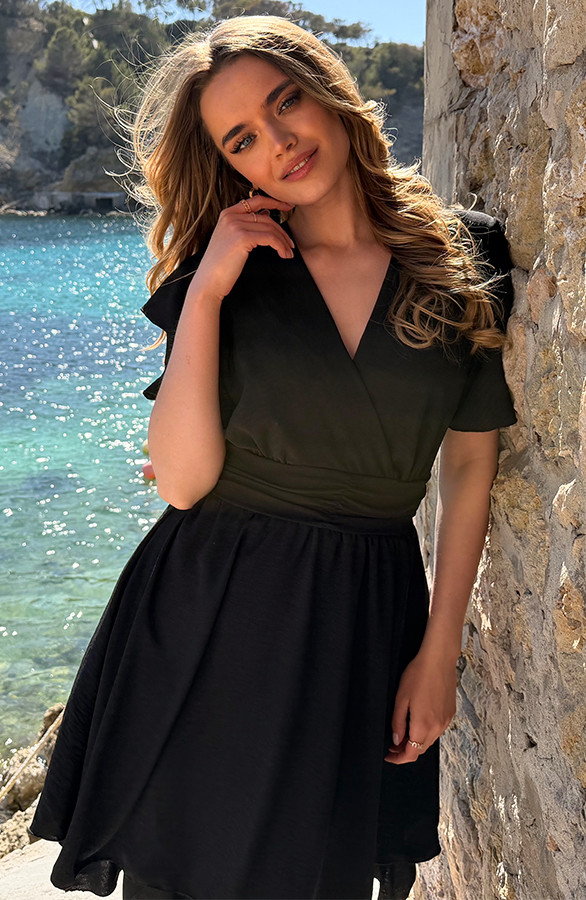 Smocked-Waistband-Dress-Short-Sleeve-Zwart-6