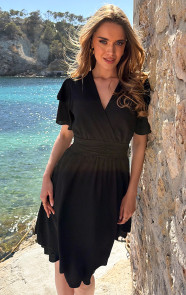 Smocked-Waistband-Dress-Short-Sleeve-Zwart-7
