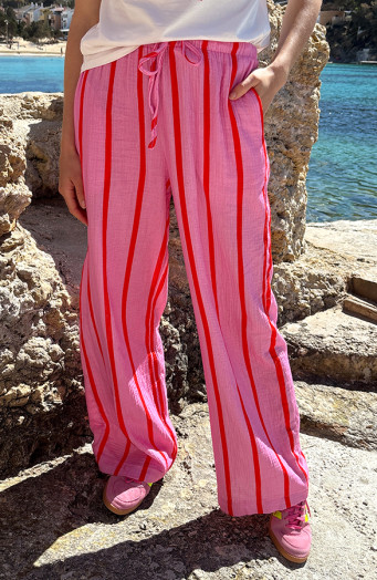Gestreifte Hose Mousseline Rot Rosa