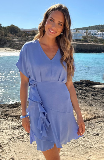 Kleid mit V-Ausschnitt und Rosenapplikationen, blau