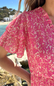 V-hals-Ruffle-Jurk-Print-Roze-3
