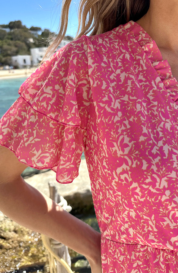 V-hals-Ruffle-Jurk-Print-Roze-3