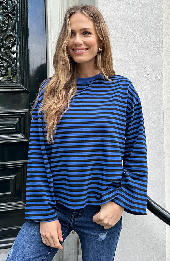Oversized-Strepen-Top-Katoen-Kobalt-Zwart-4