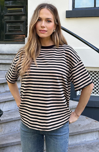 Strepen-T-Shirt-Katoen-Beige-Zwart-4