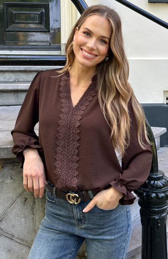 Boho-Bluse mit kantigem Schnitt, Schokobraun