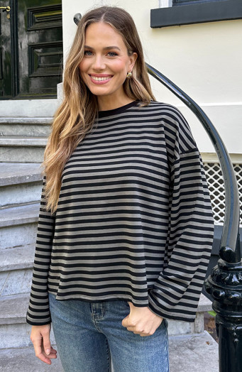 Oversized-Strepen-Top-Katoen-Army-Zwart-4