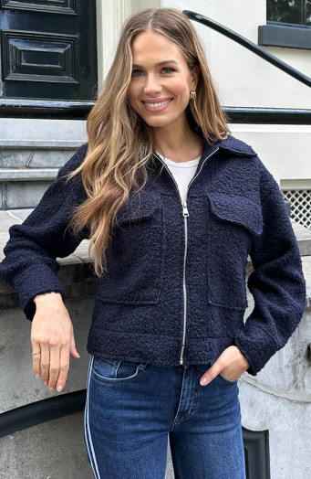 Bouclé-Jacke mit Reißverschluss, Marineblau