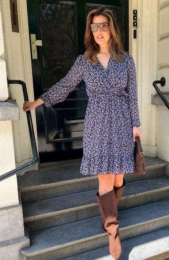 Luxuriöses Kleid mit V-Ausschnitt, Leopardenmuster, Babyblau