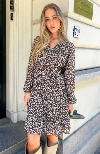 Luxuriöses Kleid mit V-Ausschnitt, Leopardenmuster, Schokoladenbraun