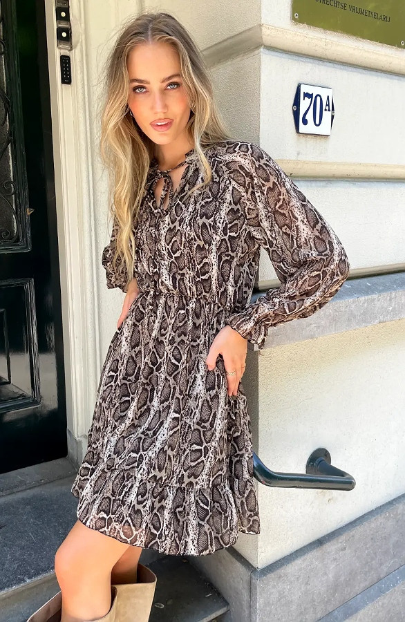 Ruffle-Snake-Print-Jurk-Beige-66-1