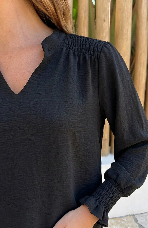 Smocked-V-hals-Blouse-Zwart-1