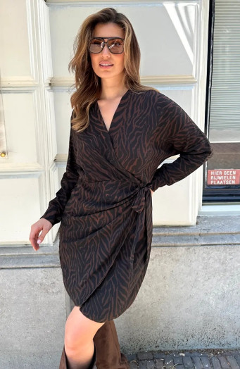 Zebra-Wickelkleid, langärmelig, Schokoladenbraun