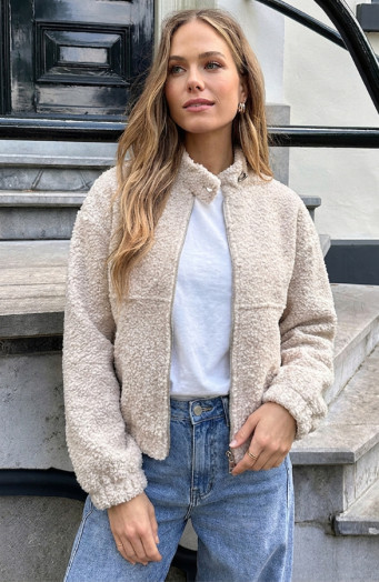 Bouclé-Bombermantel mit Reißverschluss Beige