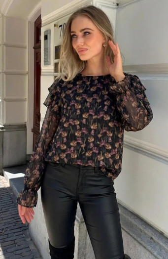 Schwarze Luxusbluse mit Blumenmuster