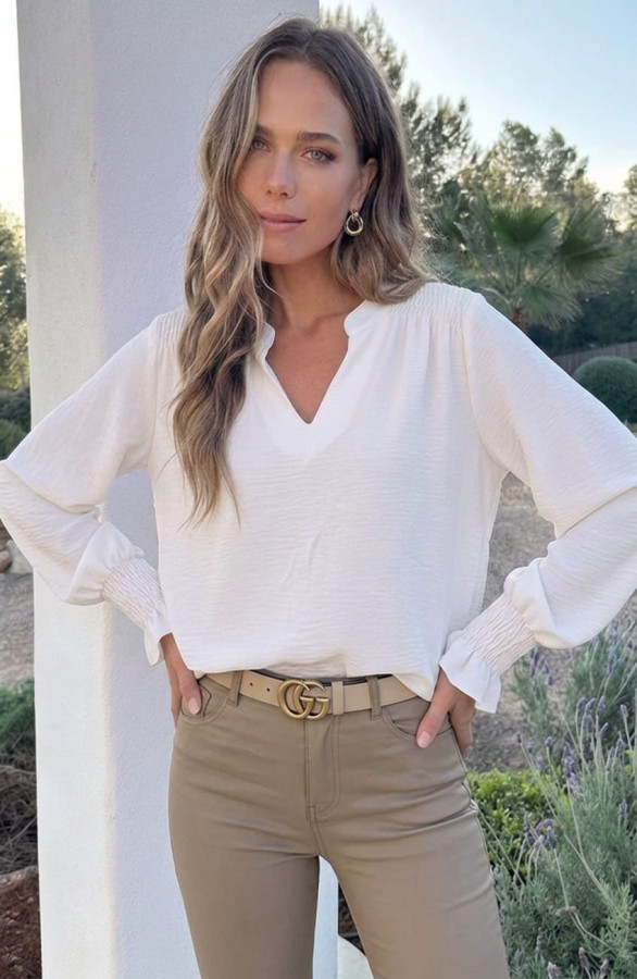Smocked-V-hals-Blouse-Ecru-2